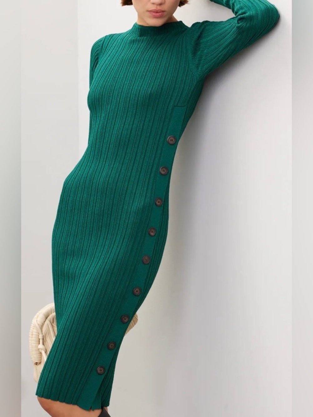 Adam Lippes Ribbed Long Sleeve Button-Trim Midi Dress in Green - Picture 2 of 12